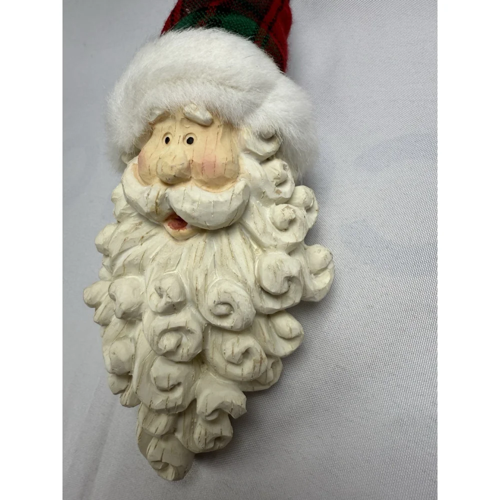 Santa Claus Face Christmas Ornament Resin Plaid Hat w/ Bell 11” Vintage? Holiday